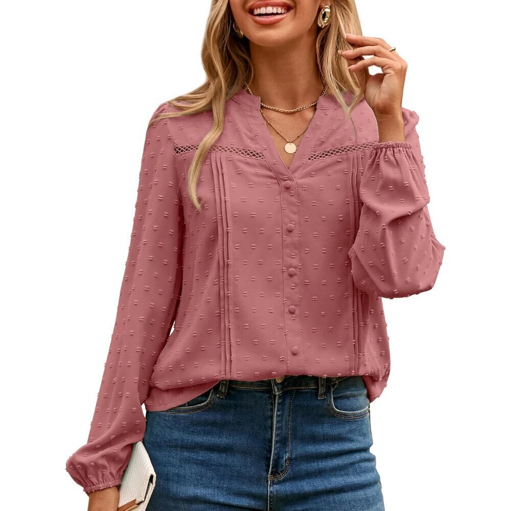 Womens Blouse Swiss Dot V Neck Button Casual Office Fall Trendy Top